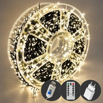 Светодиодная гирлянда Роса-мишура 50 м, 1500 LED, 8 режимов, белый свет, зеленый провод, USB 5 В, 1971-03