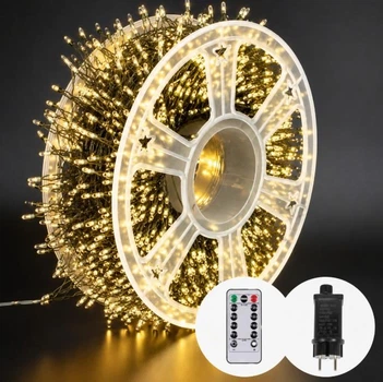Светодиодная гирлянда Роса-мишура 100 м, 2000 LED, 8 режимов, теплый белый свет, зеленый провод, 19731-07