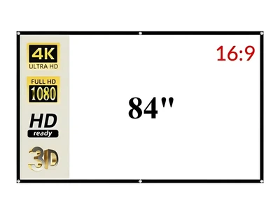 Проекционный экран 84″ 16:9, белое матовое антибликовое полотно 186×105 см, черная окантовка, люверсы и крепление для проектора, дома и офиса(202)
