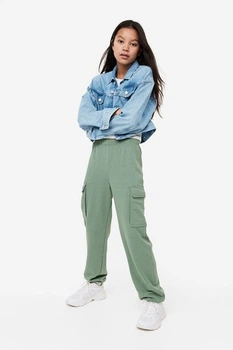 Спортивні штани джогери карго для дівчинки H&M зелений 152 бавовняний трикотаж двонитка без утеплення