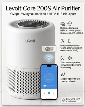 Розумний очищувач повітря 50 м² Levoit Core 200S з HEPA-фільтром, Wi-Fi керуванням і захистом від алергенів