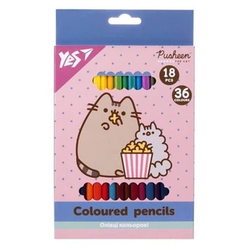 Олівці кольорові Yes Pusheen 18 штук 36 кольорів двосторонні в картонній упаковці