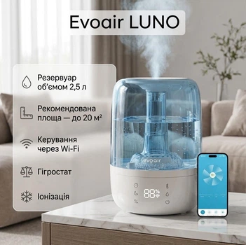 Ультразвуковой увлажнитель воздуха Evoair LUNO Smart Wi-Fi White/Blue (2.5 л, 150 мл/ч, Гигростат, Ночной режим)
