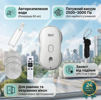 Робот для мытья окон iHunt Smart Window Robot 3 Ultra с распылением воды, 2500–3000 Па, резервуар 60 мл, UPS, пульт ДУ, белый
