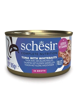 Влажный корм Schesir Tuna with Whitebaits для кошек, тунец с анчоусами и рисом в бульоне, 85 г х 12 шт