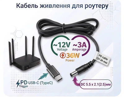 Кабель для роутера з тригером PD USB-C to DC 12V 3A 5.5x2.1 (5.5x2.5)