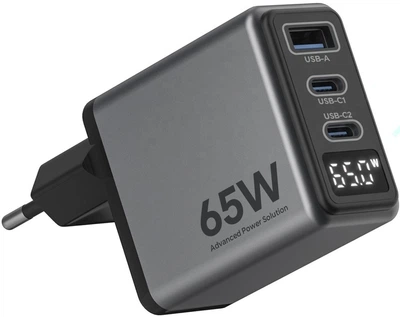 Мережевий зарядний пристрій GaN 65W PD QC4.0 швидка зарядка з цифровим дисплеєм для Apple iPhone iPad MacBook Samsung Xiaomi юсб блок адаптер живлення для айфона самсунга ноутбука телефона планшета з кабелем 2 Type C + USB Темно-сірий