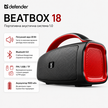 Портативная колонка Defender Beatbox 18 20W с Bluetooth TWS FM радио и аккумулятором 1500 мАч Черный (65218)