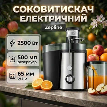 Соковыжималка Zepline ZP-00365 2500 Вт 2 скорости Резервуар для сока 300 мл с широкой горловиной 65 мм