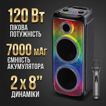 Портативна бездротова підлогова колонка BTS-2369 120 Вт з двома 8" динаміками, бездротовим мікрофоном для караоке, RGB підсвіткою та FM