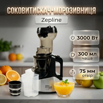 Соковыжималка-мороженица 3в1 Zepline ZP-6058 мощностью 3000 Вт Объем чаши 300 мл 3 насадки Отверстие 75 мм