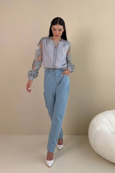 Жіноча блуза з прозорими мереживними рукавами Nenka XL Сірий (nenka3734-XL)