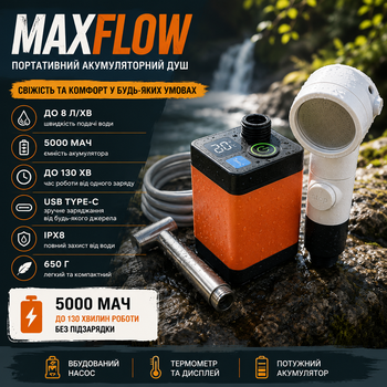 Портативный душ MaxFlow 5000 мАч с термометром, аккумуляторный насос 8 л/мин для кемпинга