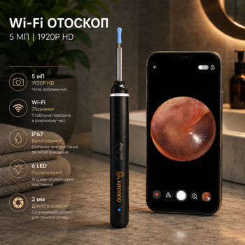 Wi-Fi отоскоп 5 МП 1920P HD, камера 3 мм, IP67, 6 LED, очиститель ушей для iPhone, iPad и Android, черный