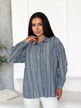 Стильна жіноча лляна oversize сорочка у смужку casual INNOE 300055-2, р. 54-56 Темно-сірий