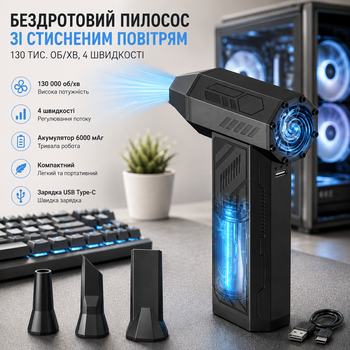 Беспроводной электрический пылесдув WERTYI 130000 об/мин, 4 скорости, 4000 мАч, USB-C, 4 насадки для ПК и авто