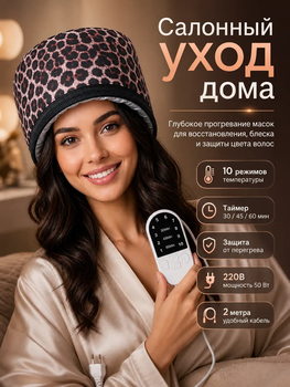 Електрична шкіряна термошапка Wenan "Leather Black Thermal Cap" сушуар шапка для масок, фарбування, ламінування, салонних процедур для догляду та лікування волосся вдома, 2 режими від 45 до 60 градусів, колір чорний зі шкірозамінника (220В / Євровилка)