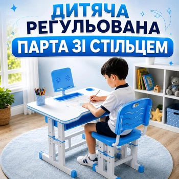 Дитяча парта зі стільцем регульована зростаючий комплект для школяра з регулюванням висоти з підставкою для книги блакитна