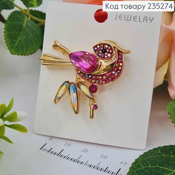 Брошь женская ПТИЦА с камешками РОЗОВОГО цвета 4,5*4,5см