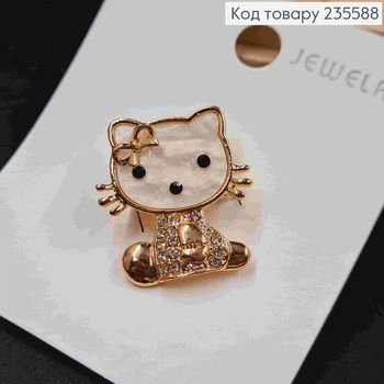 Брошь металл, "Котик", 3см, с камешками и перламутровой эмалью.