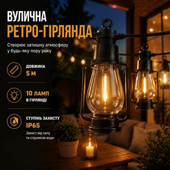 Зовнішня світлодіодна гірлянда від мережі Ретро Лампи SFK-49, 5 м, 10 ламп Теплий Білий