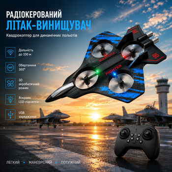 Літак-винищувач на радіокеруванні квадрокоптер USB, до 100 м, 360°, LED-підсвітка, 3D режим, пульт ДУ, чорно-синій