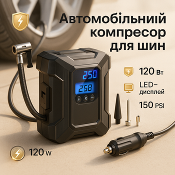Портативный компрессор 12В аккумуляторный для накачки шин с дисплеем