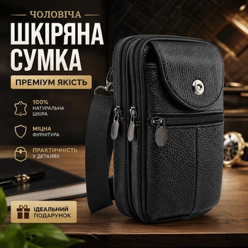Маленька шкіряна сумочка-барсетка 19×12×5 на ремень та через плече Qvant (001ч) - Чорна