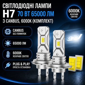 Світлодіодні автомобільні лампи H7 70 Вт 65000 Люмен з CANBUS 6000K, комплект