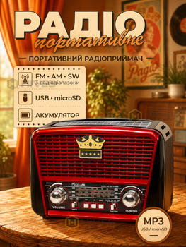 Аккумуляторный радиоприемник с солнечной панелью FM AM SW, MP3 USB microSD, LED-фонарик, 220 В/2×R20, портативное радио, красный