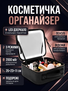 Косметичка-органайзер портативна водонепроникна із дзеркалом та LED підсвічуванням для косметики