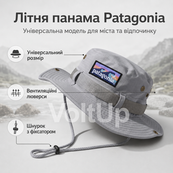Летняя серая панама Patagonia унисекс One Size с логотипом, фиксирующим шнурком, боковыми кнопками и вентиляционными люверсами