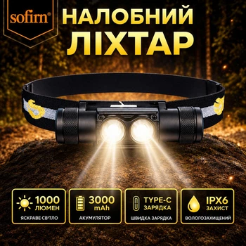 Налобный фонарь Sofirn H25S LED black фонарик на аккумуляторе 18650 sofirn 3000mAh
