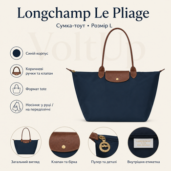Сумка-тоут Longchamp Le Pliage синяя размер L - большая женская с коричневыми ручками для города работы и путешествий