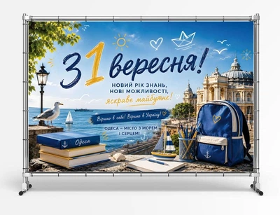 Баннер ко дню знаний. 1 сентября "С днем Знаний. Новые возможности. Одесса" размер 2х3м. С люверсами.