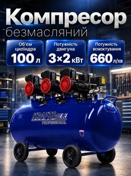 Безмасляный компрессор Kraft&Dele KD4094 3×1500 Вт 100 л 660 л/мин воздушный безмасляный для мастерской автосервиса покрасочных работ продувки очистки деталей и работы с пневмоинструментами мобильный
