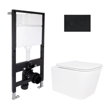 Готовое решение Qtap для ванной комнаты: подвесной унитаз Crow Ultra Quiet 485x340x290 + комплект инсталляции Standard (круглая кнопка Black)