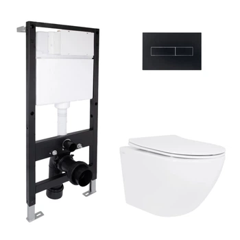 Готовое решение Qtap для ванной комнаты: подвесной унитаз Jay Rimless 485x360x320 + комплект инсталляции Standard (линейная кнопка Black)