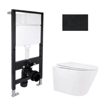 Готовое решение Qtap для ванной комнаты: подвесной унитаз Swan Rimless 520x360x320 + комплект инсталляции Standard (круглая кнопка Black)
