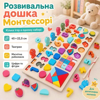 Розвиваючий сортер Монтессорі для дітей: танграм, магнітна рибалка, цифри, арифметичні знаки, геометричні фігури