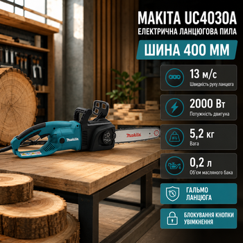 Цепная электрическая пила Makita UC4030A шина 400 мм электропила 2000 Вт для заготовки дров сетевая 220 В садовая 13 м/с древесины бревен ветвей хозяйственных ландшафтных работ с тормозом цепи