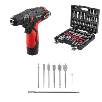 Набор для мастера INTERTOOL: шуруповерт DT-0310 + головки ET-6094 + сверла SD-0207