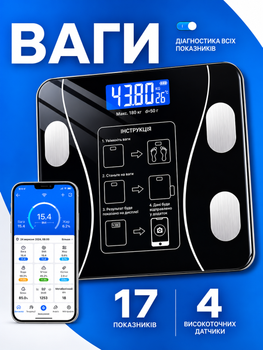 Смарт ваги підлогові Bluetooth до 180 кг, електронні ваги з LED-дисплеєм та додатком для Android та iOS
