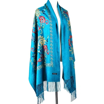 Зимний кашемировый шарф Boutique embroidery с вышивкой 190х72см Голубой