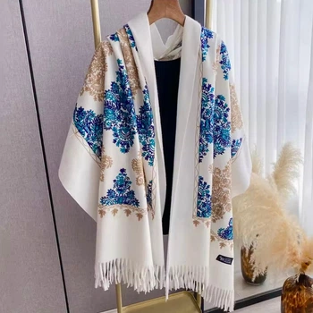 Теплий жіночий кашеміровий шарф палантин Boutique embroidery з вишивкою 180х70см Білий