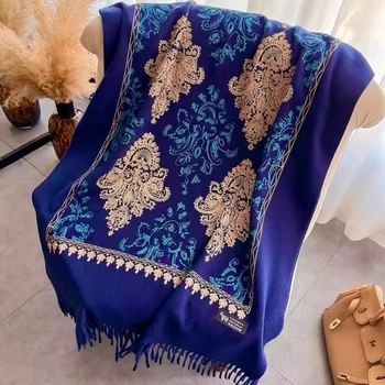 Теплий жіночий кашеміровий шарф палантин Boutique embroidery з вишивкою 180х70см Синій
