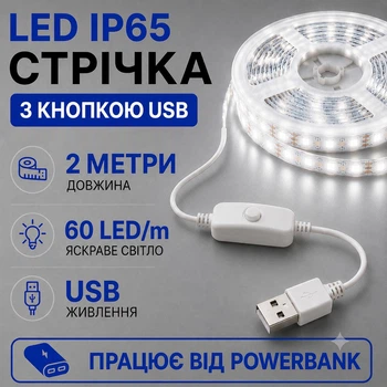 Світлодіодна LED стрічка IP65 2 метра із кнопкою USB 5V, білий холодний, вологозахист силікон світильник для підсвічування кухні шаф