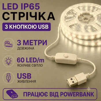Світлодіодна LED стрічка IP65 3 метри із кнопкою USB 5V, білий теплий, вологозахист силікон світильник для підсвічування кухні шаф