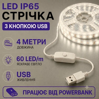 Світлодіодна LED стрічка IP65 4 метри із кнопкою USB 5V, білий нейтральний, вологозахист силікон світильник для підсвічування кухні шаф