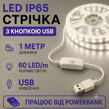 Світлодіодна LED стрічка IP65 1 метр із кнопкою USB 5V, білий нейтральний, вологозахист силікон світильник для підсвічування кухні шаф